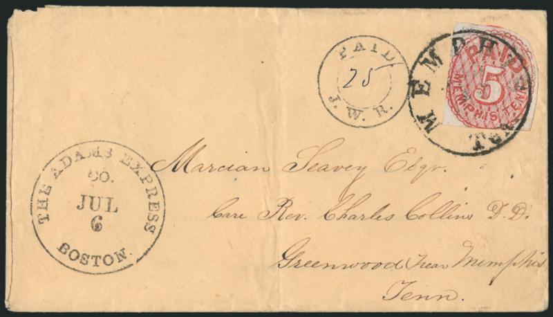 Memphis Tenn., 5c Red (56X2).> Partly cut to shape at upper right, other sides clear to slightly in, tied by Memphis Ten. Jul. 15(?), 1861 circular datestamp on 3c Red on Buff Star Die entire (U27) southbound to
Marcian Seavey in care of Rev. Charl