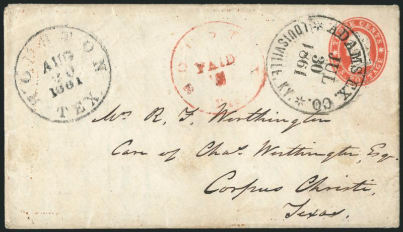 Adams Ex. Co. * Louisville, Ky. * Jul. 30, 1861.> Clear strike of circular datestamp on 3c Red on White Star Die entire (U26) southbound to Mrs. Rebecca F. Worthington in care of Charles Worthington in Corpus
Christi, Texas, black Houston Tex. Aug.
