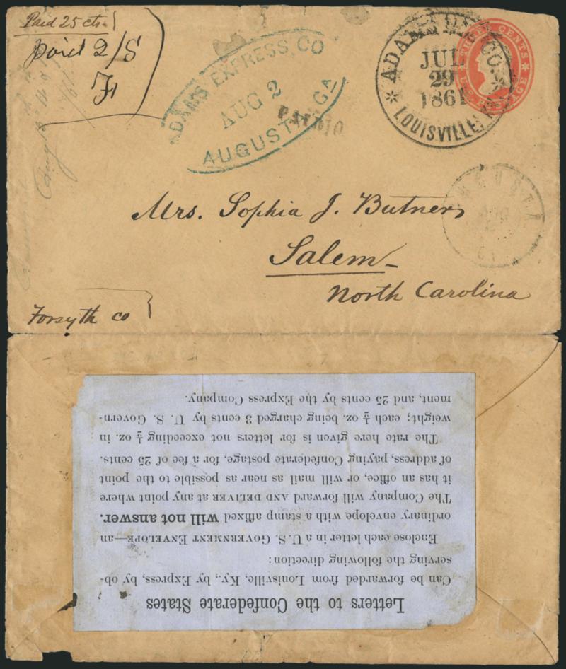 Adams Express Co. Augusta, Ga. Aug. 2.> Clear strike of blue oval datestamp on 3c Red on Buff Star Die entire (U27) southbound from E. S. Zevely in Pleasant Grove Md. to his daughter, Mrs. Sophia J. Butner, in
Salem N.C., Adams Ex. Co. * Louisville,